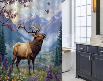 Mountain Elk Wildlife Shower Curtain, Alpine Wildflower Meadow Pine Tree Butterfly Scenic Valley Landscape Rustic Bathroom Decor.