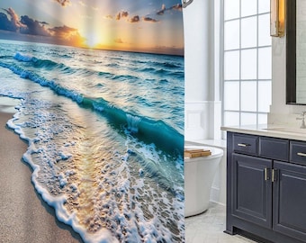 Ocean Sunset Beach Wave Shower Curtain, Golden Sun Glow Turquoise Seaside Sand Coastal Bathroom Decor, Calm Tropical Shore Bath Curtain Gift