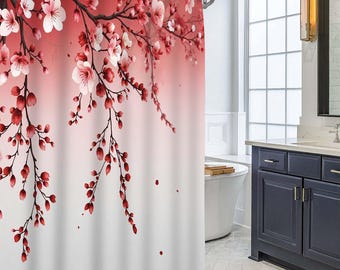 Gradient Red Plum Blossom Branch Shower Curtain, Falling Petal Floral Ombre Background Bathroom Curtain, Elegant Oriental Bath Decor.