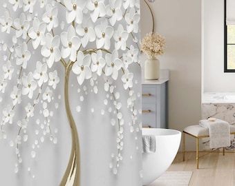 Sleek Golden Floral Tree Shower Curtain, Minimal Light Grey White Falling Blossom Petal Bath Curtain, Elegant Modern Housewarming Gift.