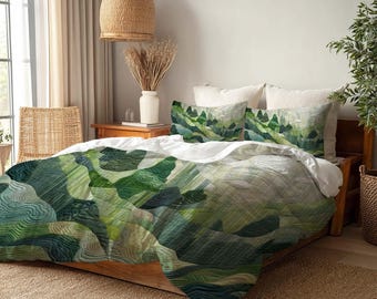 May include: A bed with a green and white patterned quilt and two matching pillowcases. The quilt features a watercolor-style design with shades of green and white. The bed is made of wood and has a woven rug underneath.