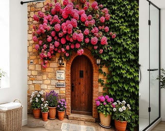 Cottage Garden Pink Hydrangea Shower Curtain, Rustic Stone Arch Door, Bathroom Wall Decor, Housewarming Gift For New Home.