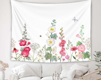 Tapiz floral de acuarela, tapiz botánico de flores silvestres, colgante de pared vintage, decoración de arte de pared, decoración de pared de estilo boho para el hogar.