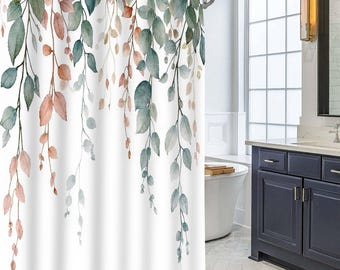 Hanging Eucalyptus Vine Shower Curtain, Muted Sage Blush Watercolor Leaf Foliage Bath Screen, Soft Minimal Boho Bathroom Accessory.
