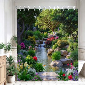 May include: A shower curtain featuring a printed landscape of a lush garden with a small waterfall cascading into a pond, surrounded by large gray rocks, green foliage, and vibrant clusters of red, yellow, and purple flowers under a bright sky.