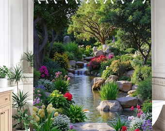 Gartenteich Wasserfall Duschvorhang, Tropischer Waldbach Bunte Wildblumen Natur Landschaft Wasserdichter Polyester Badezimmer Dekor Vorhang.