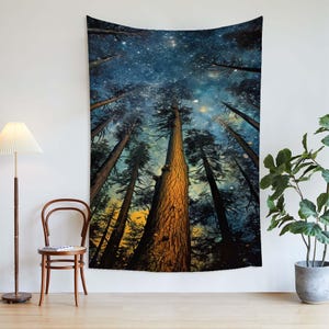Arazzo da parete con cielo stellato e foresta, paesaggio, arte murale, natura, estetica, regalo, arredamento per la casa, camera da letto, dormitorio, grande arazzo.