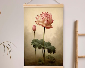 Vintage Lotus Hanging Canvas Art Flowers Canvas Hanging Wall Art Vintage Flowers Art Painting, Canvas Tapestry, Large Wall Hanging.