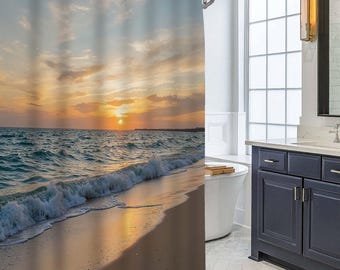 Dusk Seaside Sunset Wave Shower Curtain, Soft Golden Hour Sandy Shore Ocean Bath Screen, Muted Beach Cottage Bathroom Accessory.