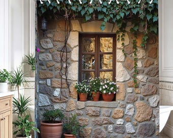 Rustic Stone Wall Ivy Window Shower Curtain, White Daisy Tuscan Cottage Bathroom Decor, Vintage Vine Covered Country Bath Curtain Gift.