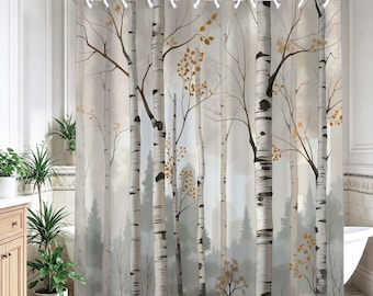Cortina de ducha rústica con diseño de abedules brumosos, cortina de baño con paisaje otoñal de bosque en acuarela, tela decorativa para baño con escena natural de bosque.