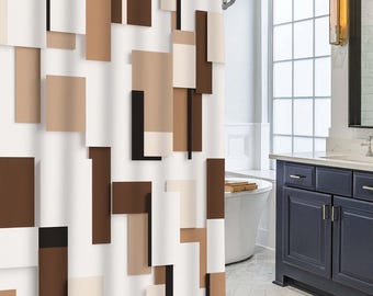 Neutral Brown Geometric Block Shower Curtain, Abstract Rectangle Shape Print Bathroom Curtain, Minimal Modern Boho Bath Decor.