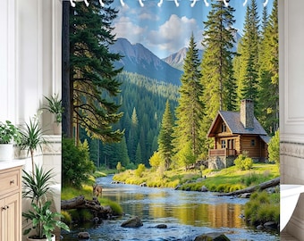 Mountain Log Cabin Deer River Shower Curtain, Tall Pine Forest Rustic Bathroom Decor, Summer Woodland Lakeside Bath Curtain Gift.