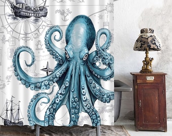 Vintage Nautical Blue Octopus Shower Curtain, Old Sailing Ship Compass Sea Chart Print Bathroom Curtain, Coastal Pirate Bath Decor.
