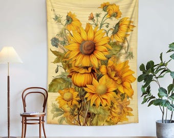 Tapiz de flora de girasol vintage para dormitorio, colorido tapiz para colgar en la pared, arte estético para la decoración de la habitación.