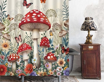 Cute Red Spotted Mushroom Wildflower Shower Curtain, Vintage Butterfly Meadow Floral Bathroom Curtain, Whimsical Cottagecore Bath Decor.