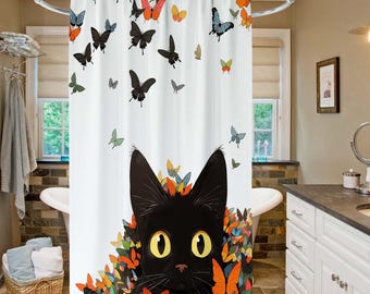 Shower Curtain Cat on the Wall Cat Shower Curtain Black Cat Shower in Flowers Funny Cat Art Shower Curtain Bathroom Decoration Supplies.