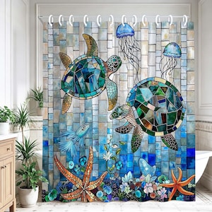 May include: A shower curtain featuring a stained glass style mosaic pattern of two sea turtles, two jellyfish, a blue fish, and two starfish. The background consists of rectangular tiles in shades of blue, white, and beige, creating an underwater scene.