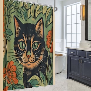 Retro grappige zwarte kat douchegordijn, boho cartoon douchegordijn, douchegordijn met haken badkamer decoratie benodigdheden.