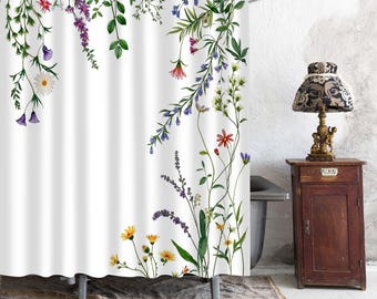 Wildflower Vine Watercolor Shower Curtain, Meadow Floral Daisy Lavender White Background Bathroom Curtain, Soft Boho Bath Decor.