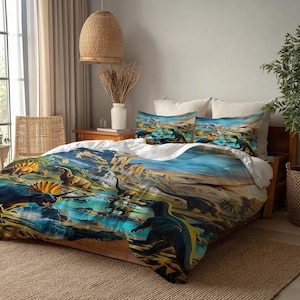 May include: A bed with a dinosaur-themed duvet cover and two matching pillowcases. The bedding features a vibrant illustration of various dinosaurs in a prehistoric landscape, with shades of blue, green, and brown.