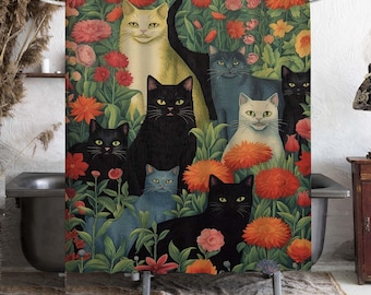 Mid Century Modern Retro Shower Curtain Funny Black Cat Shower Curtain Cat Themed Bathroom Decor.