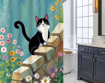 Shower Curtain Cat on the Wall Cat Shower Curtain Black Cat Shower in Flowers Funny Cat Art Shower Curtain Bathroom Decoration Supplies.