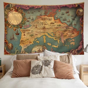 Tapeçaria de mapa-múndi vintage, arte de parede, decoração para casa, quarto, dormitório, tapeçaria grande, presentes de aniversário, presentes de dia dos pais.