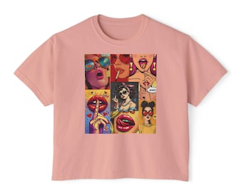 Camiseta feminina quadrada com design retrô divertido, blusa casual, presente para ela, roupa fofa de verão, traje de festival, camiseta estampada