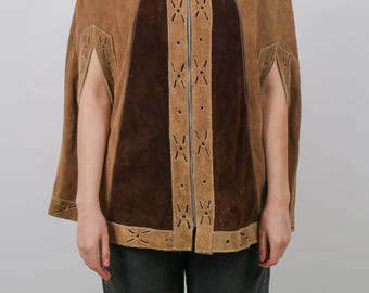 1970s Front Zip Brown Suede Bohemian Hippie Cape V696