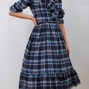1980s Plaid Ruffle Collar Puff Sleeve Dress V029