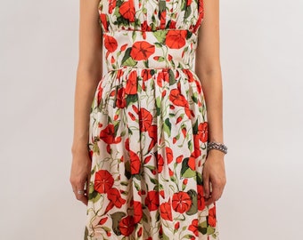 1950's Red White and Green Rose Print Fit and Flare Spaghetti Strap Sun Dress