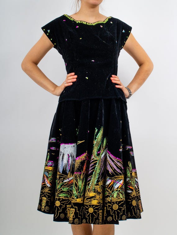 1950's Mexican Hand Painted Velvet Sequin Desert Scape Party Set