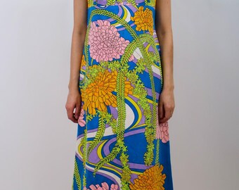 1960s Psychedelic Floral Palm Royale Style Maxi Dress