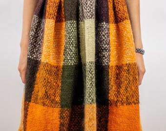 1960's Orange, Green, Yellow and Black Plaid Mohair Fit and Flare Skirt V704