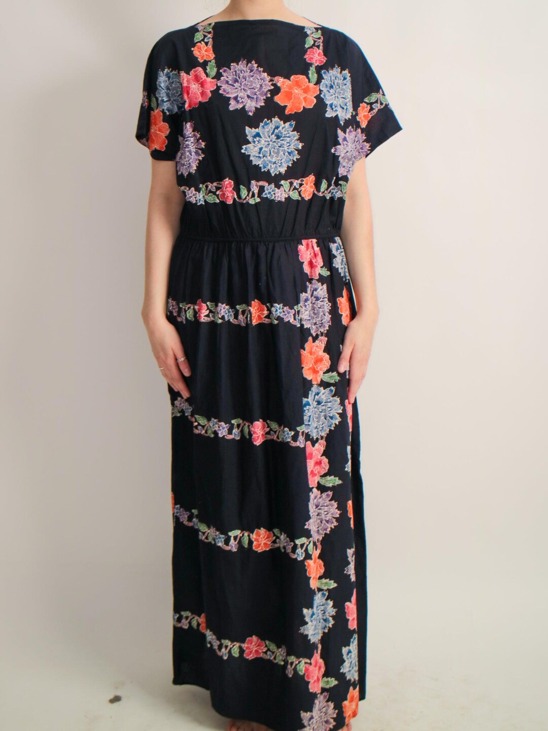 1970s Navy Blue Cotton Floral Maxi Dress V048 - Etsy