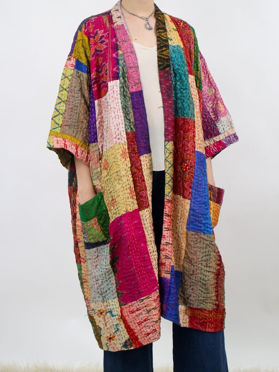 1990s statement patchwork quilted coat with huge … - image 2