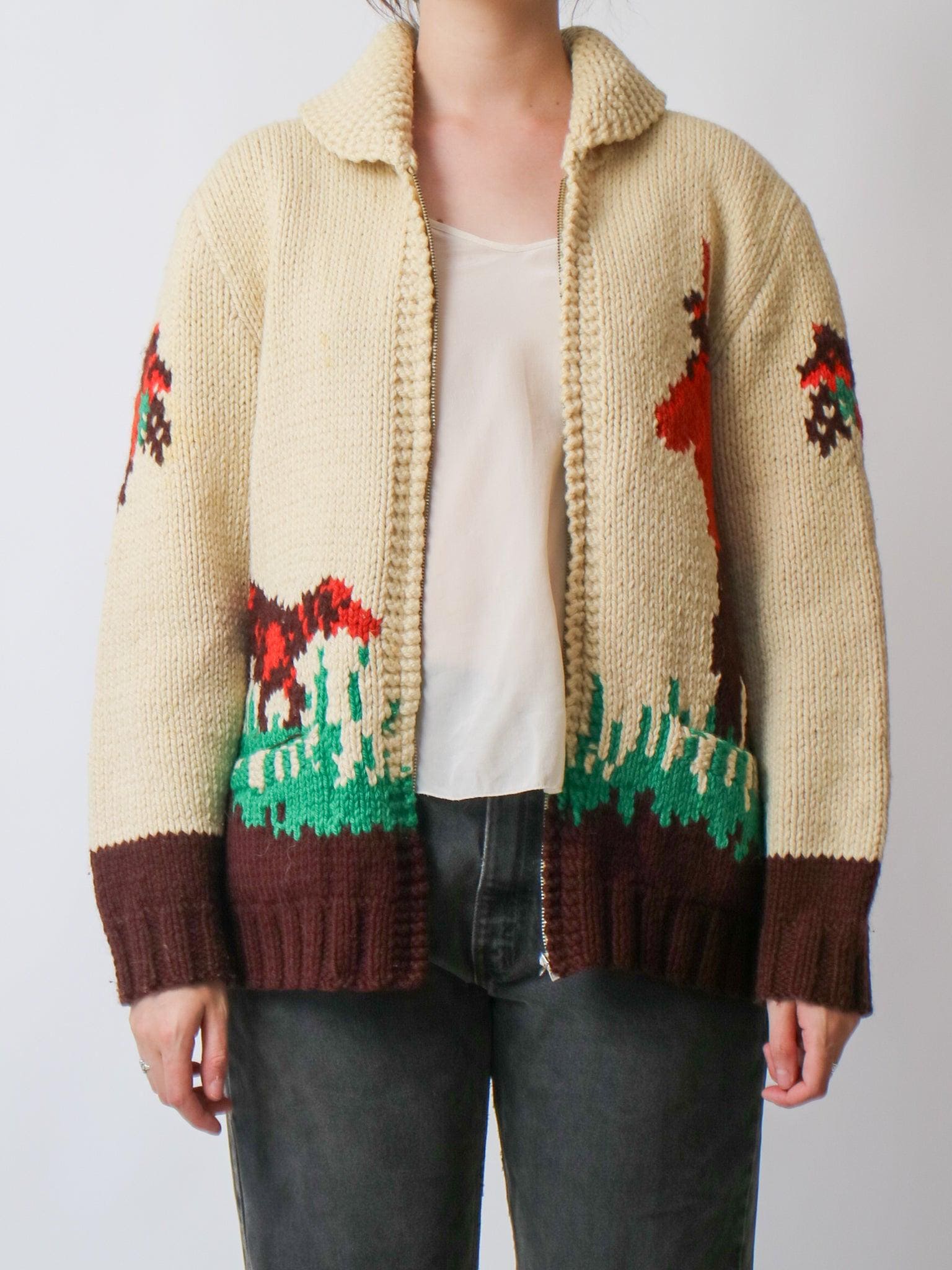 @*様 1950s~60s DUCK PATTERN COWICHAN SWEA 1950s Mary Maxim Novelty Duck Hunting Frontzip Cowichan Sweater