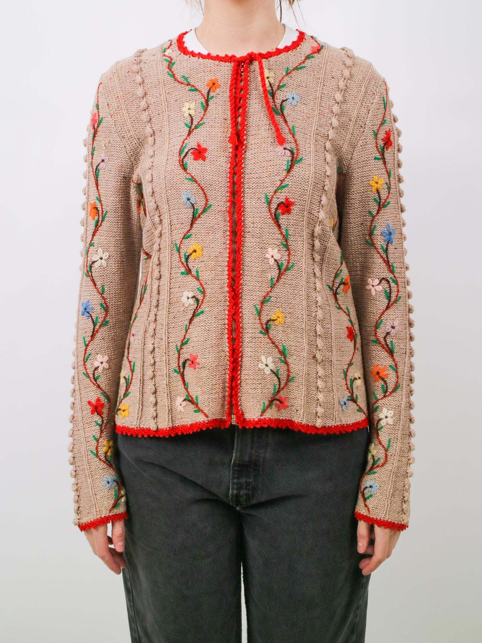 1930s front zip Floral Embroidered Knit Wool Cardigan V108