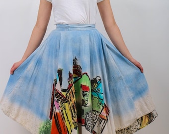 1950s Mexican Souvenir Skirt with Novelty Print Village Scene V669