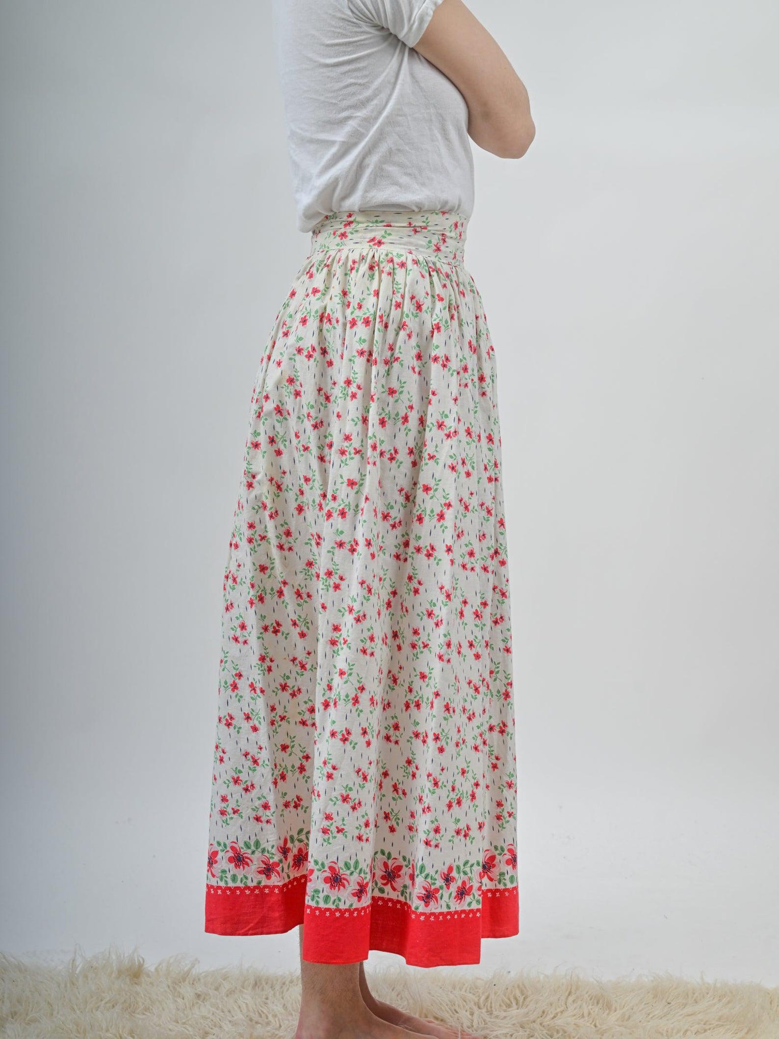 Antique Victorian Red and White Floral Cotton Maxi Skirt