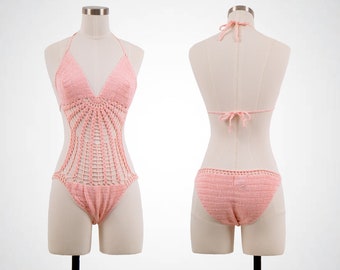 1970's Kroshetta Crochet Pink Skimpy Cutout Monokini