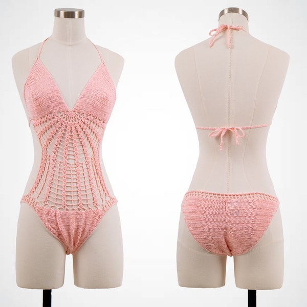 1970's Kroshetta Crochet Pink Skimpy Cutout Monokini