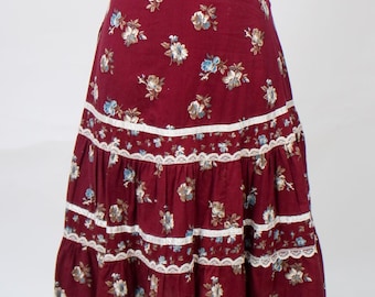 burgundy calico Gunne Sax style tiered skirt V723