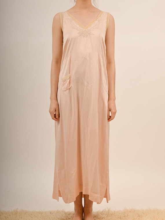 1920s Peach Silk Embroidered Slip Nightgown - image 1