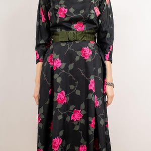 1950&#39;s Abe Schrader Black and Pink Silk Rose Fit and Flare Dress