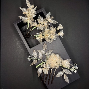 Enchanted Fairycore Glass Floral Hair Comb - Unique Bridal Heirloom - Handmade Custom Color Wedding Jewelry - Gold Specks Updo Hairpin