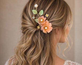 Peach Glass Flower Hair Clip, Handmade Floral Hair Accessory, Romantic Spring Blossom Clip, Botanical Hair Barrette