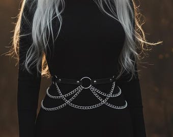 Gothic Kunstleder Kettengürtel, Y2K Street Style Körperkette