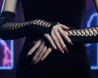 Black Lace-Up Fingerless Gloves | Gothic Emo Arm Warmers